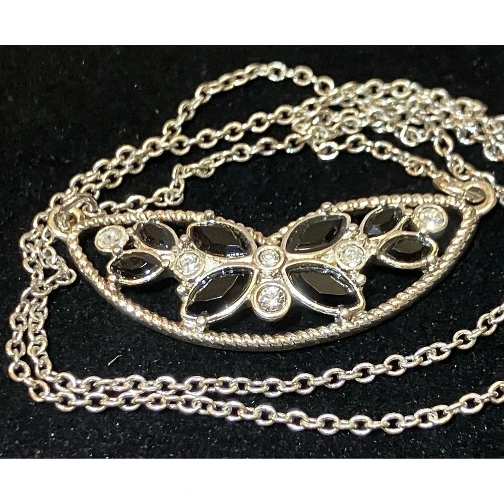 Avon NRT Vintage Black & Clear Crystal Butterfly Floral Silver Tone Necklace
